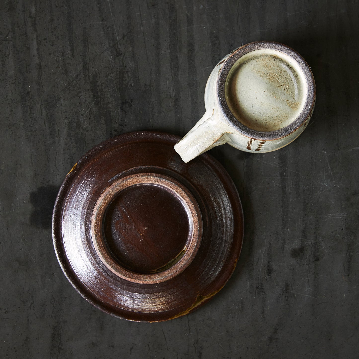 小石原焼 太田哲三窯 コーヒーカップ(皿付き)【白 飛び鉋】